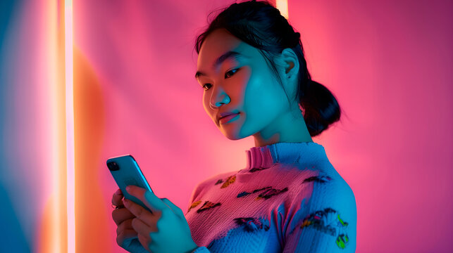 Mujer joven usando smartphone en iluminaci&oacute;n de ne&oacute;n