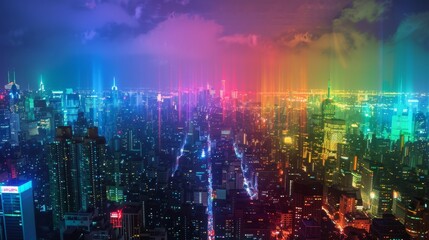 Obraz premium Artistic rainbow lights illuminating a cityscape at night