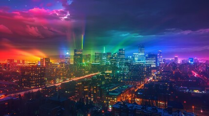 Fototapeta premium Artistic rainbow lights illuminating a cityscape at night