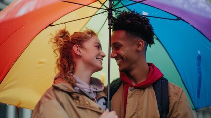 LGBTQ+ couple sharing a joyful moment under a rainbow umbrella
