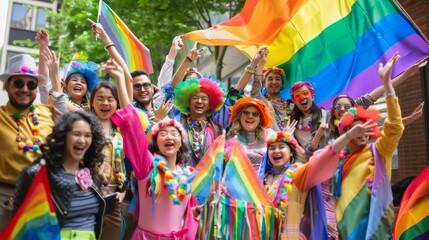 Naklejka premium Diverse group of people posing with pride flags and colorful outfits