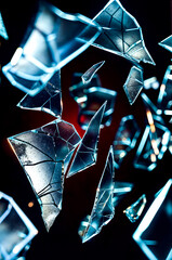 Close up of bunch of broken glass pieces on black background.