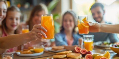 Friends raise their glasses in a toast with fresh orange juice during a communal brunch gathering