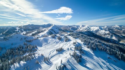 AI generated image of a wonderful ski paradise, beautiful weather, snow-capped mountains, all shown from a bird's eye view