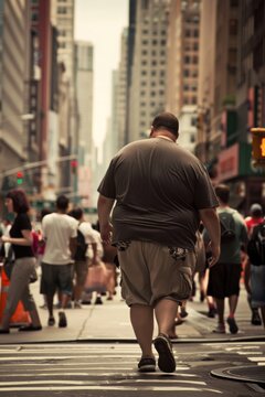 An overweight man in casual clothing walking down a crowded city street. The image emphasizes the impact of urban living on obesity and the social issues related to weight and health