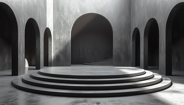 Single 3D podium with clean lines modern exhibition top view conveying simplicity and elegance advanced tone Monochromatic Color Scheme