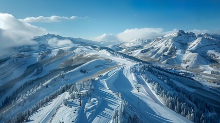 AI generated image of a wonderful ski paradise, beautiful weather, snow-capped mountains, all shown from a bird's eye view