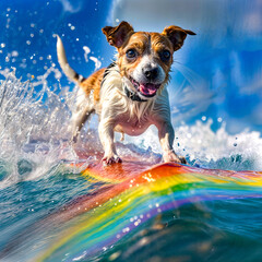 Dog riding surfboard in the ocean with rainbow in the background.