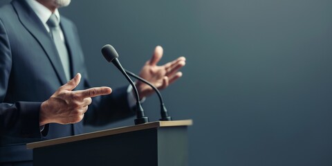 Detail of a speaker's hands gesturing during a speech at an event, with a microphone on the podium