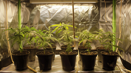 Warm lit indoor grow room showcasing healthy cannabis plants at the blooming stage, with visible buds and lush foliage