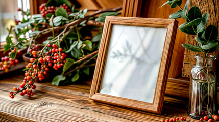 Picture frame sitting on top of wooden table next to plant.