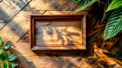 Picture frame sitting on top of wooden floor next to plant.