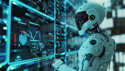 Fototapeta premium a white robot works with its hands in a data center, futuristic