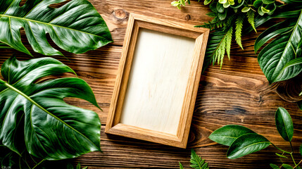 Picture frame sitting on top of wooden table next to green leaves.