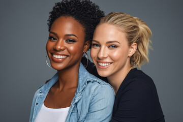 Studio Photoshoot of Interracial Lesbian Couple Embracing