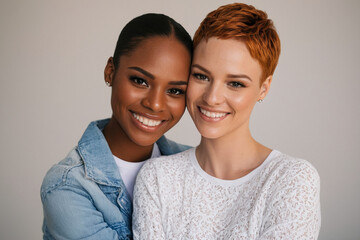 Interracial Lesbian Couple in Studio Photoshoot Showing Affection