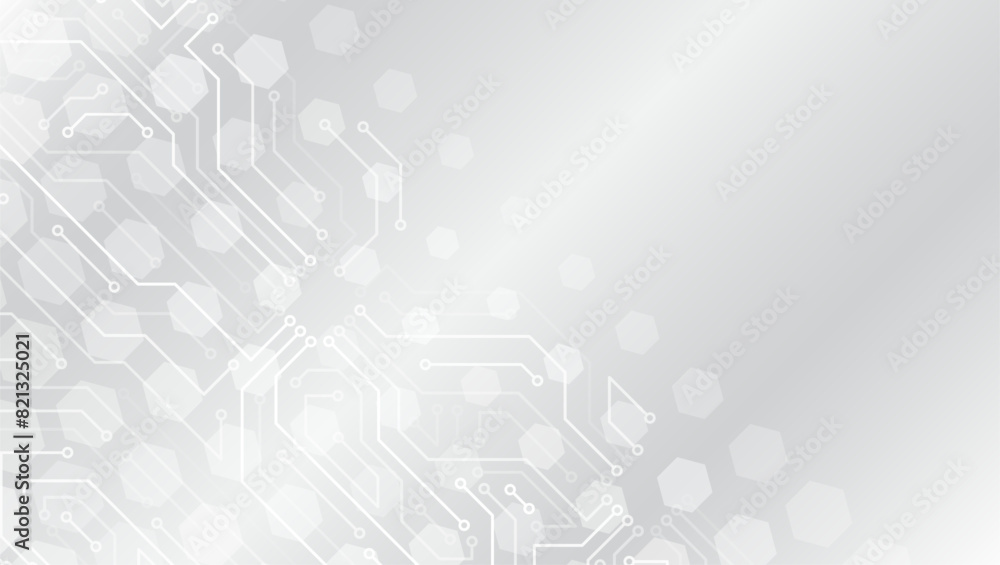 Poster Vector illustration of circuit board and hexagons. Abstract futuristic communication. Hi-tech grey background with various technology elements.