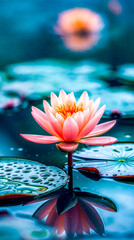 Pink flower sitting in the middle of pond of water lilies.