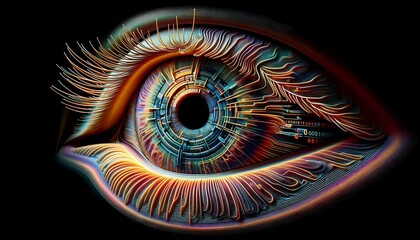 A close-up view of a human eye filling the frame against a black background. The eye is highly detailed, showcasing the intricate patterns of the iris and the reflections in the pupil.
