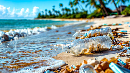 Group of plastic bottles sitting on top of beach next to the ocean.