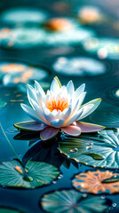 White flower floating on top of body of water with lily pads.