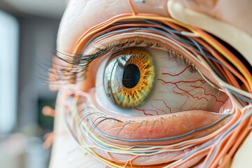 Close-up of human eye anatomy with labeled parts