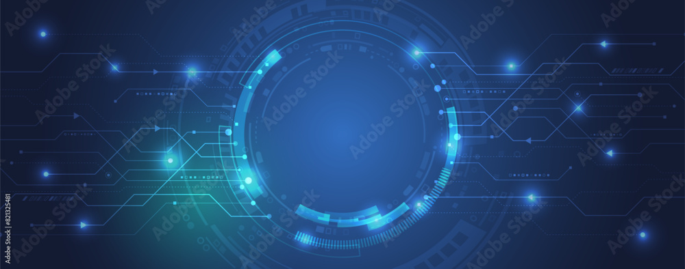 Poster High computer technology design. Modern data protection vector presentation. Abstract circuit board futuristic concept. Data transfer and protection, internet communication on a blue background.