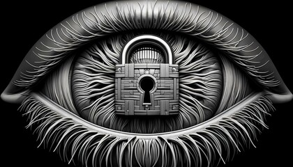 This image showcases a detailed close-up of an eye with a lock placed on the iris, creating an intriguing and enigmatic visual. The intricate details of the eye and the shiny lock draw the viewers
