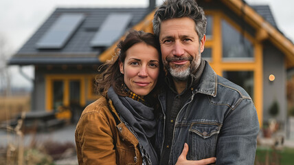 Fototapeta premium Modern German house with black solar panels on the roof. generative ai