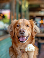 Golden retriever holding ice cream cone. Generative by AI