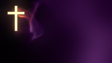 Liturgic violet purple particle background with golden Roman Church Crucifix. Christian Cross on ceremonial copy space 3D illustration. Mourning sermon on Lent, Penance, Absolution of the Departed.