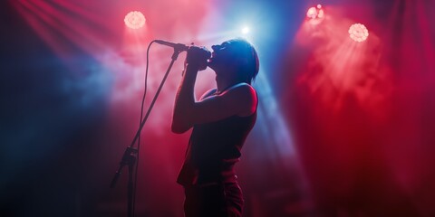 A passionate female singer performing emotionally on stage with dramatic stage lighting and smoke effects