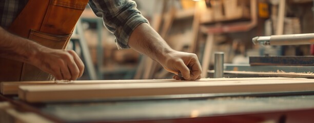 Skilled carpenter is focused on cutting a piece of wood carefully with a table saw in a workshop setting - Powered by Adobe
