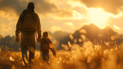 Father and child walking through field, family hike. Generative by AI