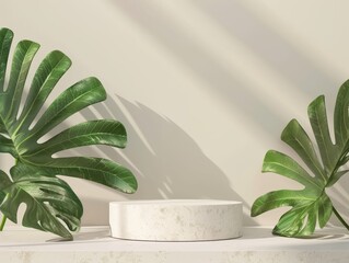 Empty podium mockup surrounded by lush tropical leaves. Ideal for showcasing cosmetics, eco-friendly products, and nature-themed displays.