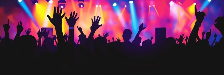 An energetic concert crowd with silhouettes of raised hands against a vibrant backdrop of stage...