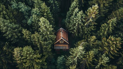 AI generated image of a wonderful place that is isolated, wooden house in the middle of the forest, all shown from a bird's eye view