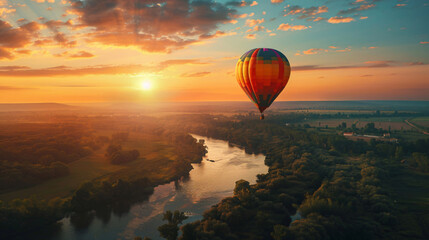 Hot air balloon sunset river flight. Generative by AI