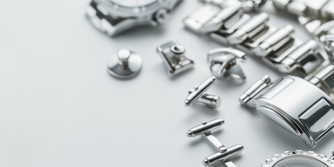 High-resolution image showcasing various disassembled pieces of a metal wristwatch on a white background signaling precision and complexity
