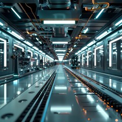 Fototapeta premium A futuristic, high-tech factory production line illuminated by blue neon lights, showcasing advanced robotics and machinery.