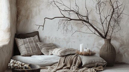 pillows, blankets and plants, which complement the organic nature of the branch and vase. generative ai