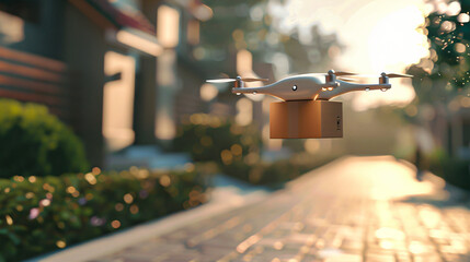 A drone carrying a package flies through a residential neighborhood, delivering a package to a customer