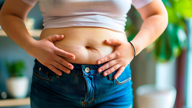 Imagen de cerca de la barriga de una mujer obesa