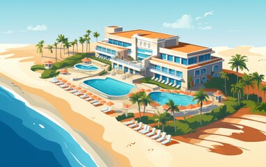 Obraz premium A luxurious beachfront resort with swimming pools, palm trees, and sun loungers under a clear blue sky, ideal for holidays and relaxation.