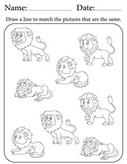Fototapeta premium Lion Puzzle. Printable Activity Page for Kids. Educational Resources for School for Kids. Kids Activity Worksheet. Match Similar Shapes
