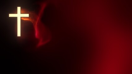Liturgic red particle background with golden Roman Church Crucifix. Christian Cross on ceremonial copy space 3D illustration. Passion Sermon on Pentecost, Confirmation, Good Friday, and Palm Sunday.