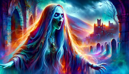 Images of a Banshee, the female ghost from Irish legend, depicted howling with a sorrowful yet terrifying expression against vibrant and eerie backdrops.
