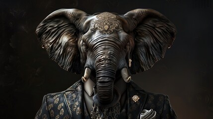 Elephant wearing suit with embroidered details and floral tie. Anthropomorphic animal portrait on dark background. Business attire and formal clothing concept for design and print. Studio photography.