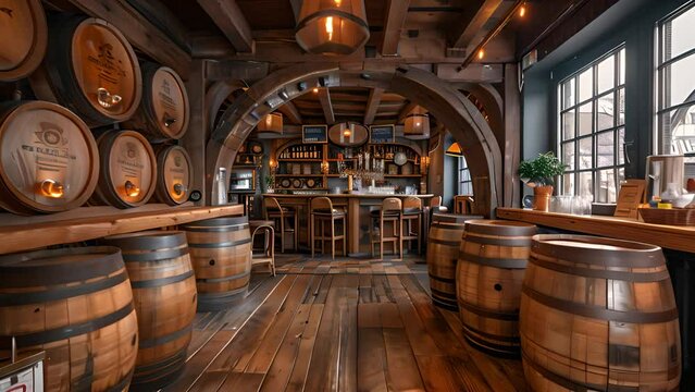 This Many wooden barrels are stacked in a bar. Wooden Barrels in a Bar