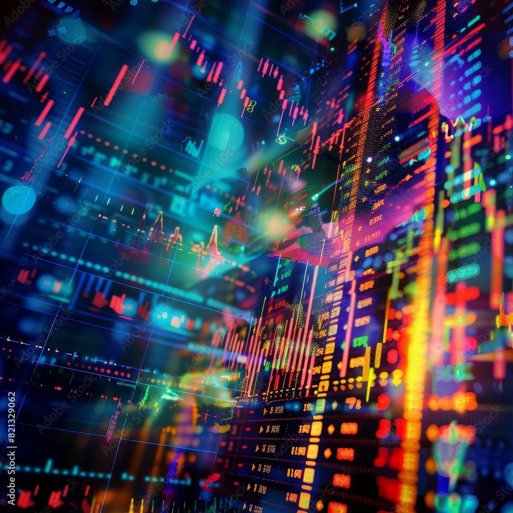 Poster Abstract colorful data charts and graphs representing financial market trends and business analytics in a vibrant digital environment.